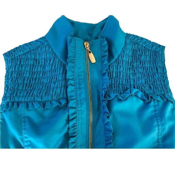 Draper’s and Damon’s vest, teal blue,  PL.  quilted satin.  Ruffles and smocking - Picture 5 of 6
